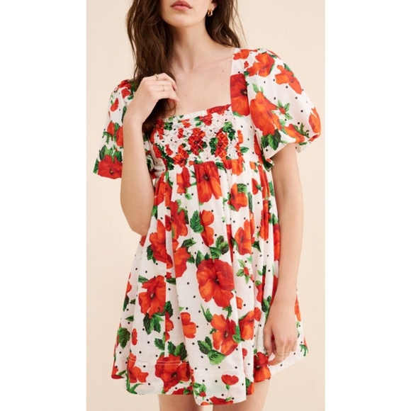 Anthropologie Dresses & Skirts - Anthropologie Floral Square Neck Babydoll Dress Puff Sleeve